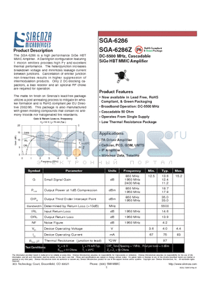 SGA-6286Z datasheet - DC-5500 MHz, Cascadable SiGe HBT MMIC Amplifier