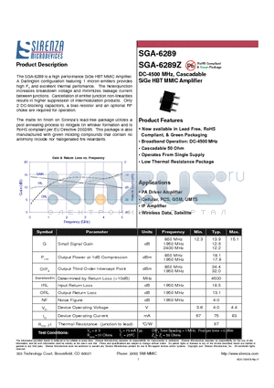 SGA-6289 datasheet - DC-4500 MHz, Cascadable SiGe HBT MMIC Amplifier
