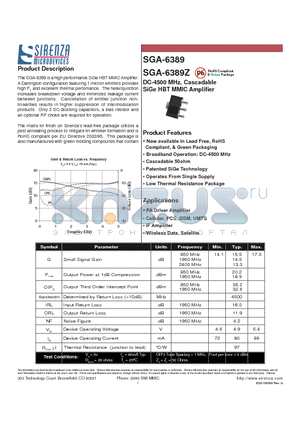 SGA-6389Z datasheet - DC-4500 MHz, Cascadable SiGe HBT MMIC Amplifier