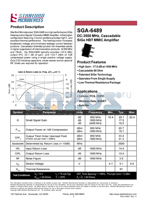 SGA-6489 datasheet - DC 3500 MHZ CASCADABLE SIGE HBT MMIC AMPLIFIER