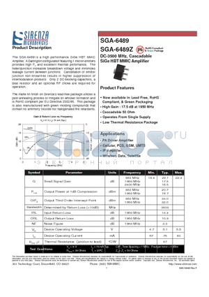 SGA-6489 datasheet - DC-3500 MHz, Cascadable SiGe HBT MMIC Amplifier