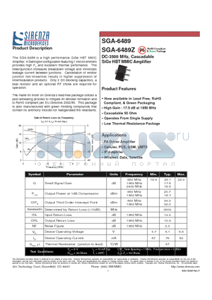 SGA-6489Z datasheet - DC-3500 MHz, Cascadable SiGe HBT MMIC Amplifier