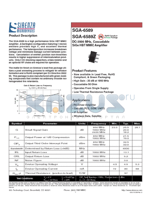 SGA-6589Z datasheet - DC-3500 MHz, Cascadable SiGe HBT MMIC Amplifier