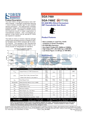 SGA-7489Z datasheet - DC-3000 MHz Silicon Germanium HBT Cascadeable Gain Block