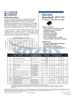 SGA-8343Z datasheet - Low Noise, High Gain SiGe HBT