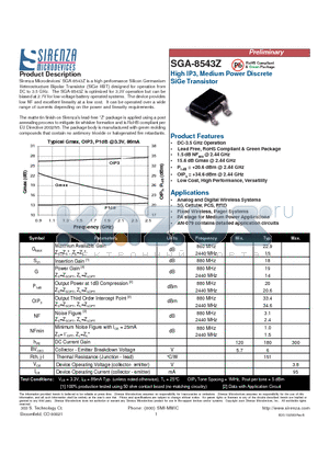 SGA-8543Z datasheet - High IP3 Medium Power Discrete SiGe Transistor
