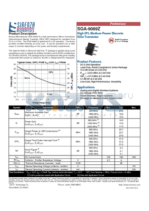SGA-9089Z datasheet - High IP3 Medium Power Discrete SiGe Transistor