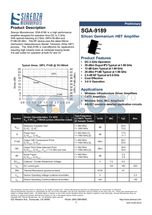 SGA-9189 datasheet - Silicon Germanium HBT Amplifier