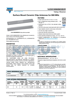 VJ5301M868MXBEK datasheet - Surface Mount Ceramic Chip Antennas for 868 MHz