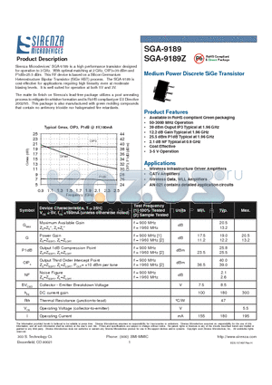 SGA-9189 datasheet - Medium Power Discrete SiGe Transistor