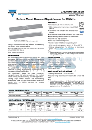 VJ5301M915MXBSR datasheet - Surface Mount Ceramic Chip Antennas for 915 MHz