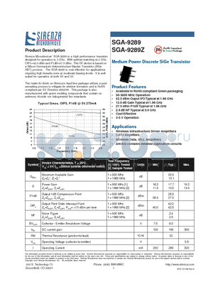 SGA-9289Z datasheet - Medium Power Discrete SiGe Transistor