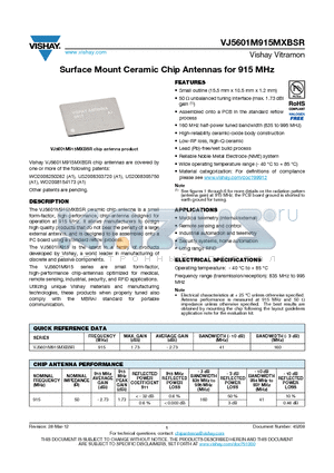 VJ5601M915MXBSR datasheet - Surface Mount Ceramic Chip Antennas for 915 MHz