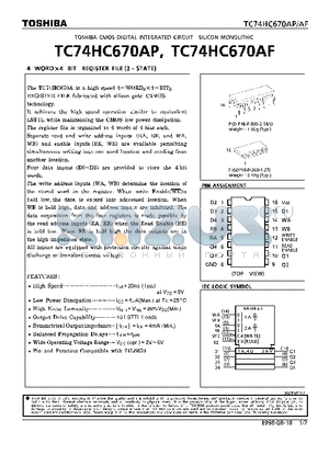 TC74HC670 datasheet - 4 WORDx4 BIT REGISTER FILE(3-STATE)