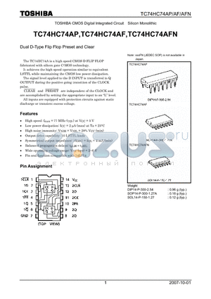 TC74HC74AP datasheet - CMOS Digital Integrated Circuit Silicon Monolithic Dual D-Type Flip Flop Preset and Clear