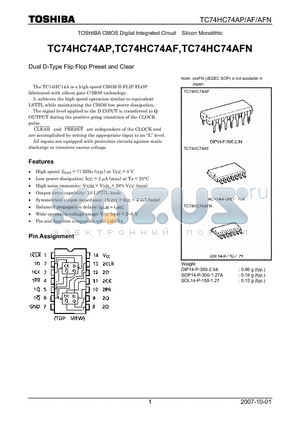 TC74HC74AFN datasheet - CMOS Digital Integrated Circuit Silicon Monolithic Dual D-Type Flip Flop Preset and Clear