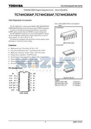 TC74HC85AP datasheet - CMOS Digital Integrated Circuit Silicon Monolithic 4-Bit Magnitude Comparator