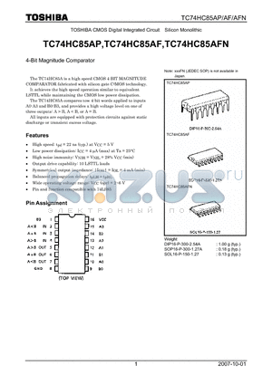 TC74HC85AP_07 datasheet - CMOS Digital Integrated Circuit Silicon Monolithic 4-Bit Magnitude Comparator