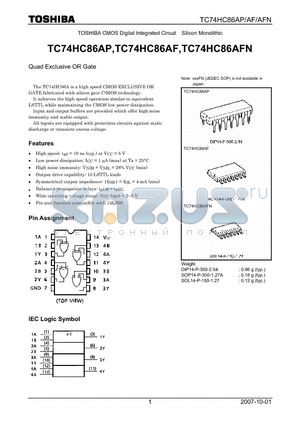 TC74HC86AP datasheet - CMOS Digital Integrated Circuit Silicon Monolithic Quad Exclusive OR Gate