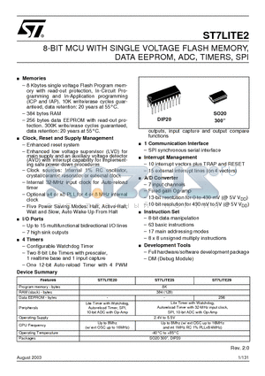 ST7LITE20 datasheet - 8-BIT MCU WITH SINGLE VOLTAGE FLASH MEMORY, DATA EEPROM, ADC, TIMERS, SPI