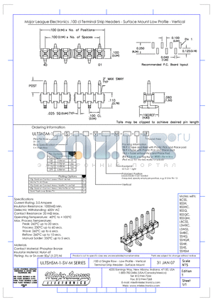 ULTSHSM-1-SM datasheet - .100 cl Single Row - Low Profile - Vertical Terminal Strip Header - Surface Mount