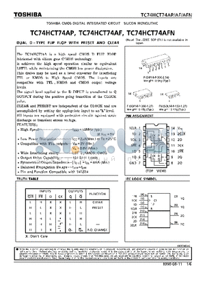 TC74HCT74AFN datasheet - DUAL D-TYPE FLIP FLOP WITH PRESET AND CLEAR