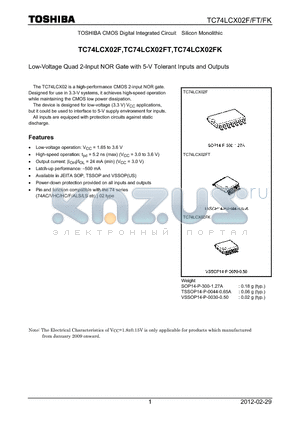 TC74LCX02FK_12 datasheet - Low-Voltage Quad 2-Input NOR Gate with 5-V Tolerant Inputs and Outputs