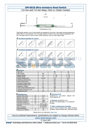 UM-0018-H datasheet - Ultra-miniature Reed Switch