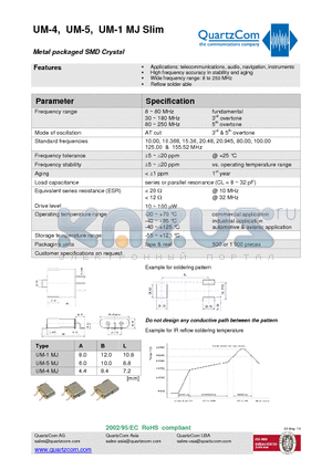UM-4MJSLIM datasheet - Metal packaged SMD Crystal Wide frequency range: 8 to 250 MHz