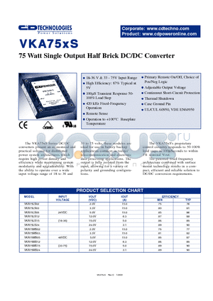 VKA75LS03 datasheet - 75 WATT SINGLE OUTPUT HALF BRICK DC/DC CONVERTER