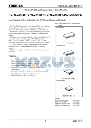 TC74LCX138FN datasheet - Low-Voltage 3-to-8 Line Decoder with 5-V Tolerant Inputs and Outputs