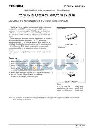 TC74LCX138F_12 datasheet - Low-Voltage 3-to-8 Line Decoder with 5-V Tolerant Inputs and Outputs