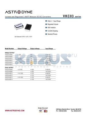 VKC03-24D05 datasheet - Isolated and Regulated 3 WATT Modular DC/DC Converters