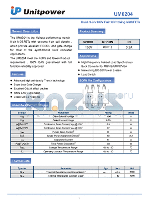 UM0204 datasheet - Dual N-Ch 100V Fast Switching MOSFETs