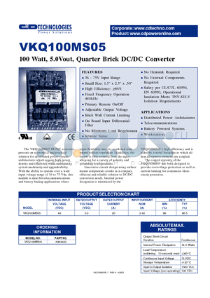 VKQ100MS05 datasheet - 100 WATT, 5.0VOUT, QUARTER BRICK DC/DC CONVERTER