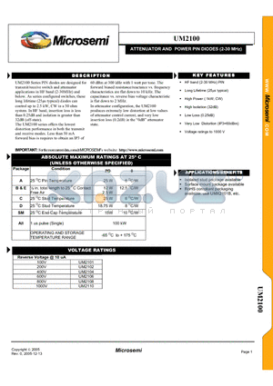 UM2100 datasheet - ATTENUATOR AND POWER PIN DIODES (2-30 MHz)