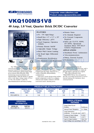 VKQ100MS1V8 datasheet - 40 AMP, 1.8 VOUT, QUARTER BRICK DC/DC CONVERTER