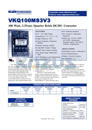 VKQ100MS3V3 datasheet - 100 WATT, 3.3VOUT, QUARTER BRICK DC/DC CONVERTER