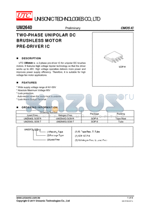 UM2640L-SO8-T datasheet - TWO-PHASE UNIPOLAR DC BRUSHLESS MOTOR PRE-DRIVER IC