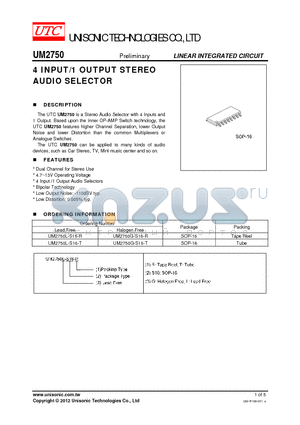 UM2750G-S16-R datasheet - 4 INPUT/1 OUTPUT STEREO AUDIO SELECTOR