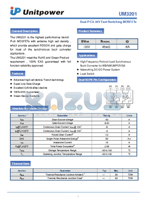 UM3201 datasheet - Dual P-Ch 30V Fast Switching MOSFETs