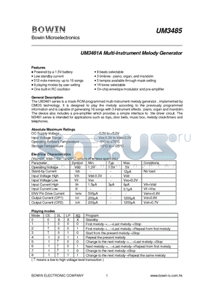 UM3482 datasheet - UM3481A Multi-Instrument Melody Generator