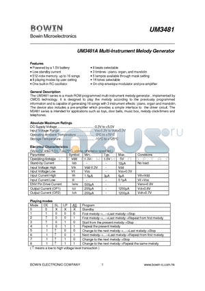 UM3485 datasheet - UM3481A Multi-Instrument Melody Generator