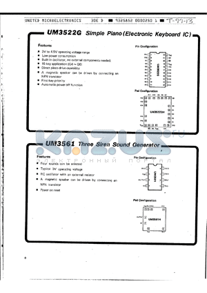 UM3522GH datasheet - SIMPLE PIANO(ELECTRONIC KEYBOARD IC)