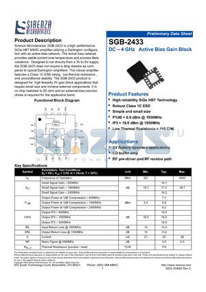 SGB-2433 datasheet - DC - 4 GHz Active Bias Gain Block