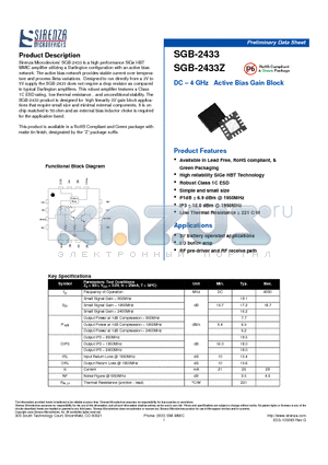 SGB-2433 datasheet - DC - 4 GHz Active Bias Gain Block