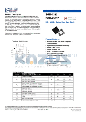 SGB-4333Z datasheet - DC - 3 GHz Active Bias Gain Block