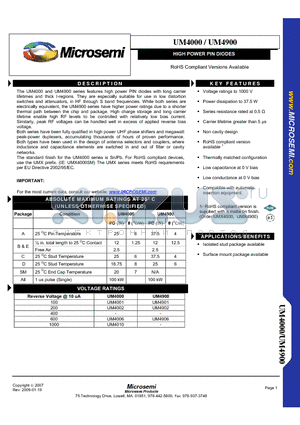 UM4000_09 datasheet - HIGH POWER PIN DIODES