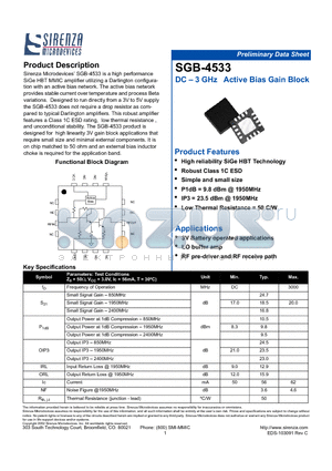 SGB-4533 datasheet - DC - 3 GHz Active Bias Gain Block