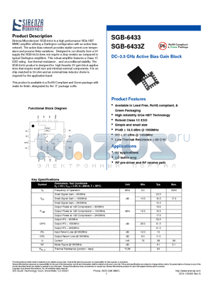 SGB-6433 datasheet - DC-3.5 GHz Active Bias Gain Block